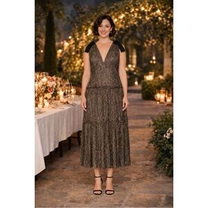 Sabina Musayev XL Ray Bow Maxi Dress Gold V Neck Tiered Disco Glam Party Evening